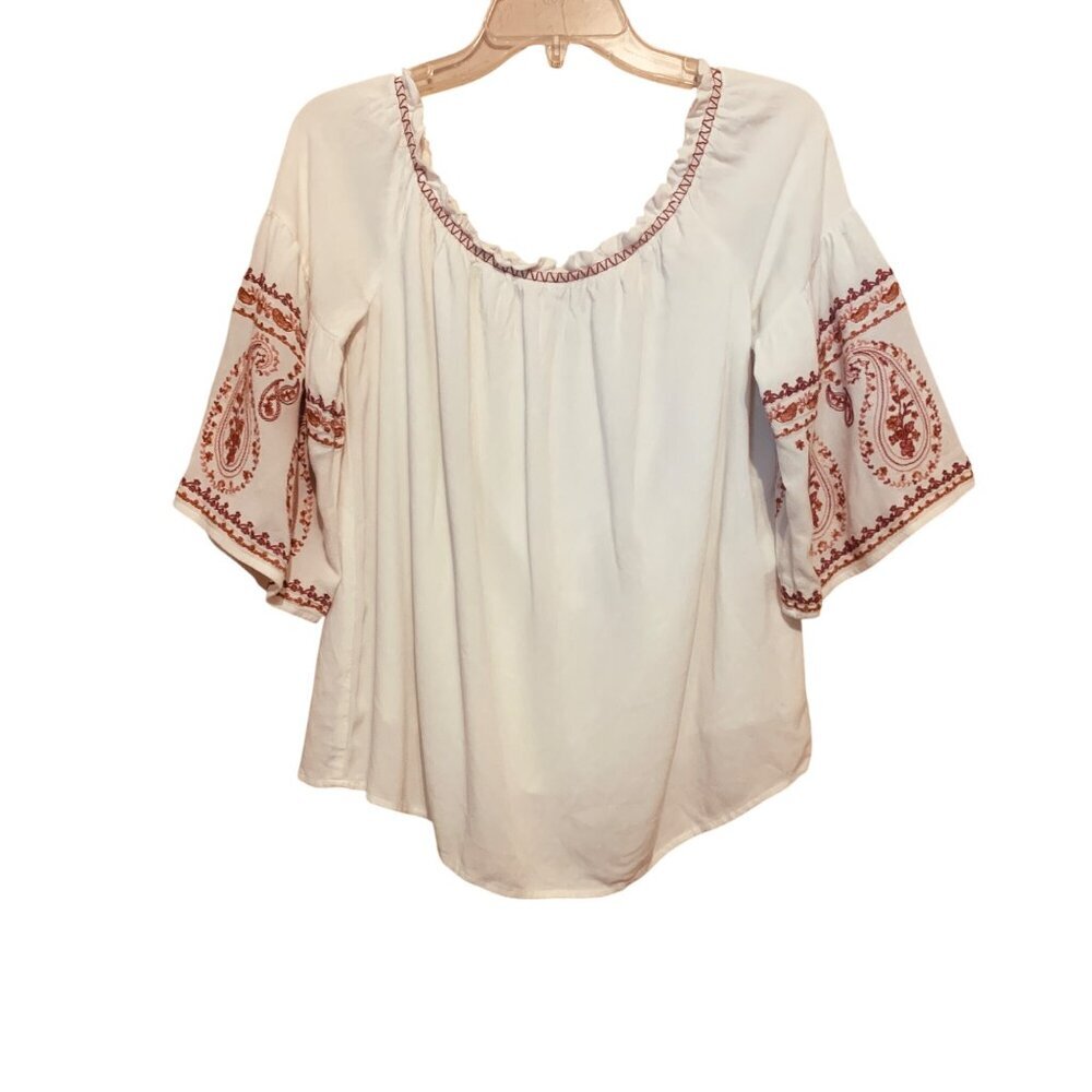 BLUE RAIN Women's Top Embroidered Peasant Blouse Bell Sleeves Sz L - Picture 2 of 8